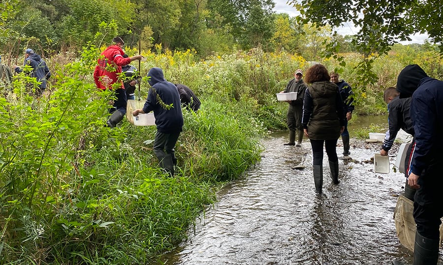 Students collect samples from shallow creek.