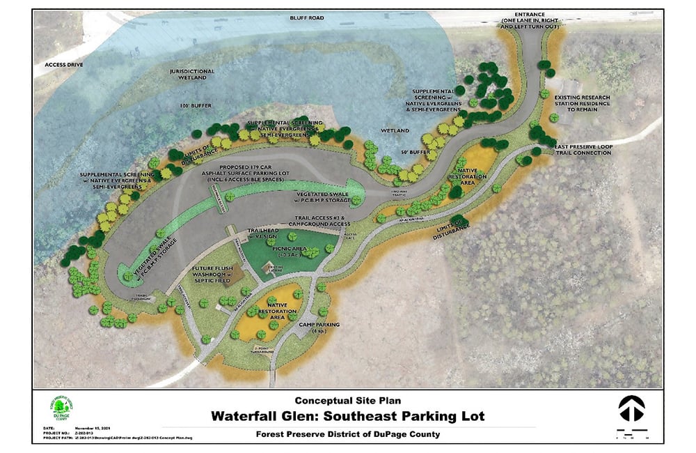 Waterfall Glen Trail Map News-Upcoming-Projects-Waterfall Glen Parking Lot