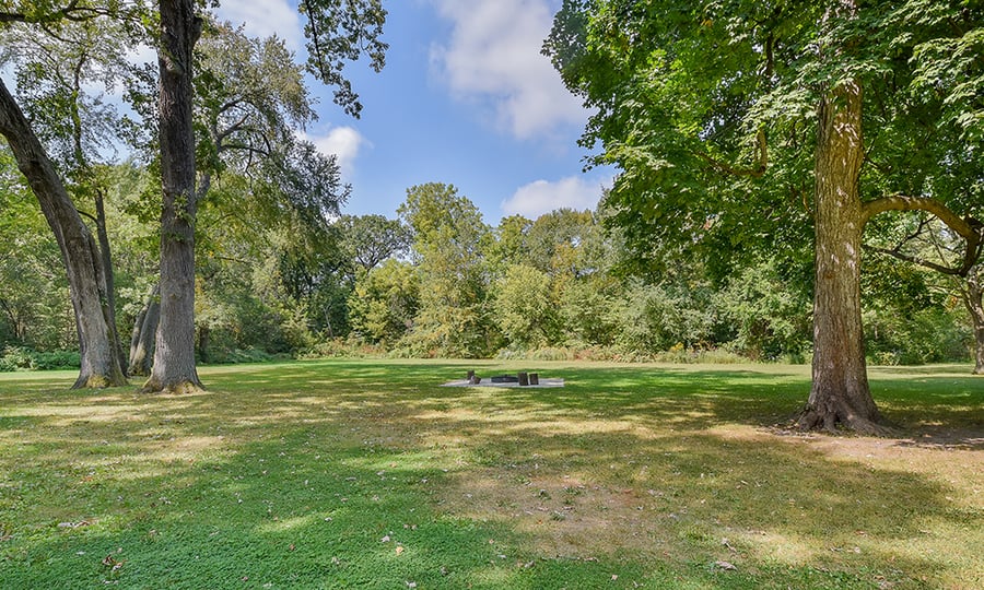 A firepit and mowed grass in front of a forest.
