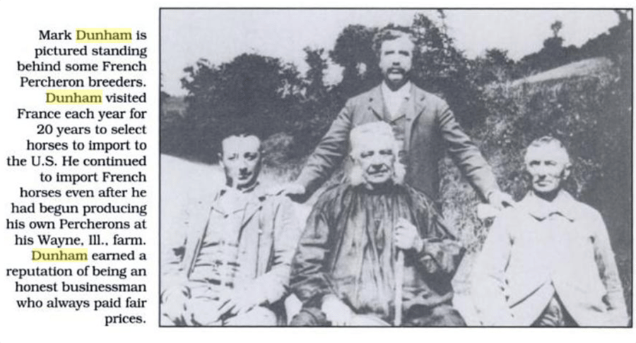 A newspaper clipping of Mark Dunham with French Percheron breeders.