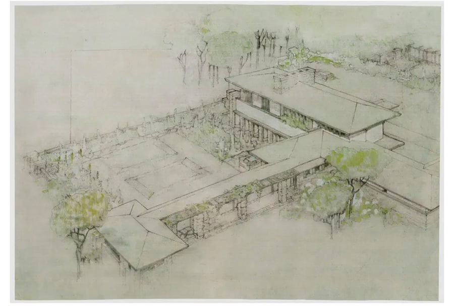A 1911 drawing of a home by architect Frank Lloyd Wright.