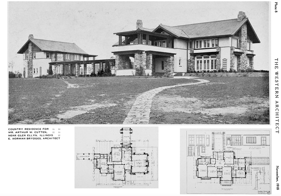 A 1918 photo and floor plans of a mansion.