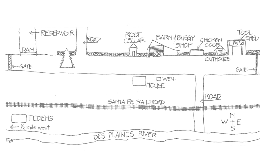 A drawing showing where buildings from Lincoln Park Nursery are now located at Waterfall Glen.