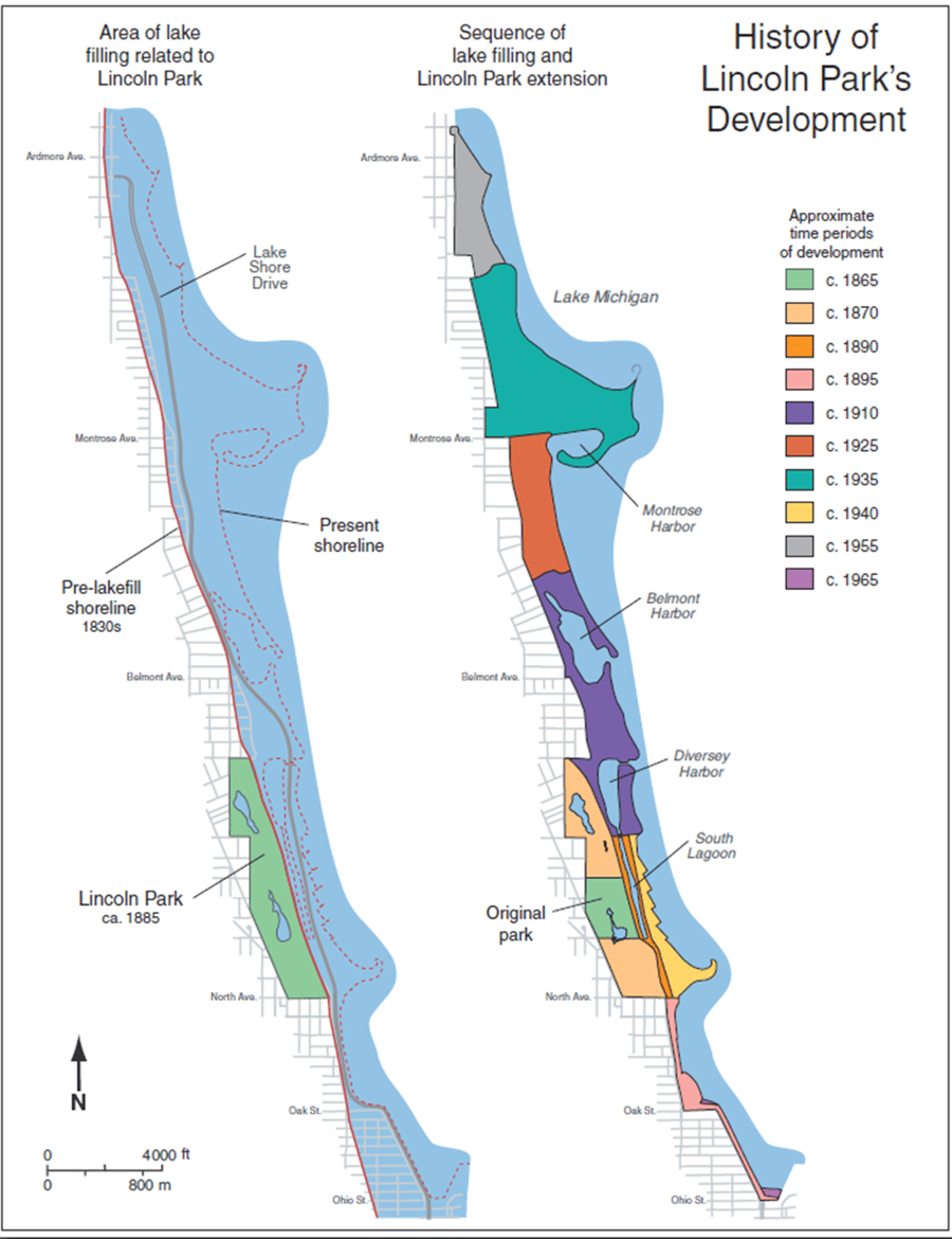 A graphic of two maps showing how Lincoln Park has been expanded over time by filling in parts of Lake Michigan.