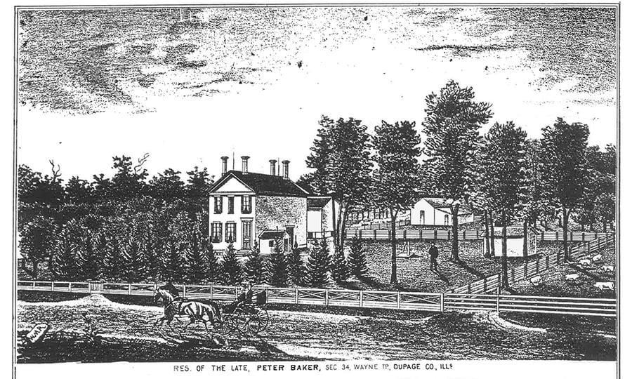 An old drawing of the Baker House featuring a horse-drawn carriage.