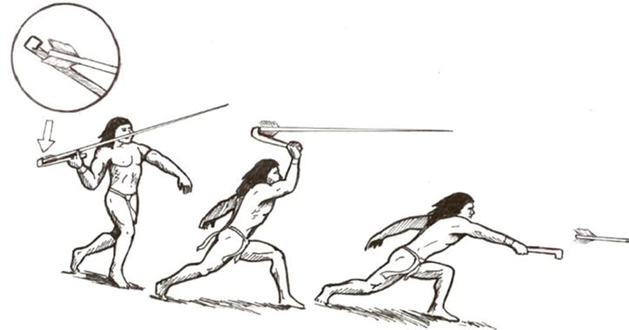 A graphic depicting a man using a tool to fire a spear.