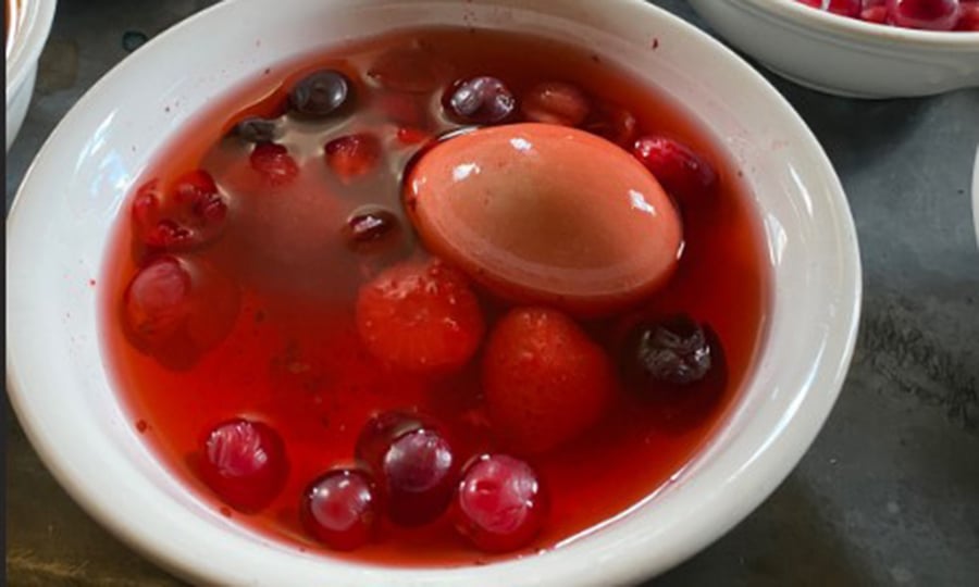 An egg sits in a bowl of strawberries and cranberries, which are used to dye the egg red.