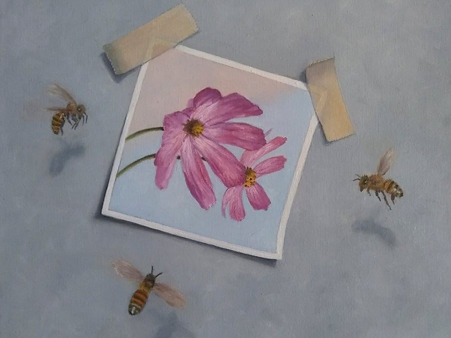 An art exhibit showing bees flying toward a painting of flowers.