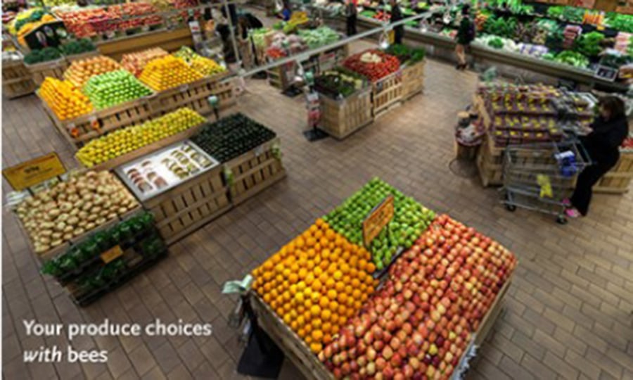 A birds eye view of the produce section of a grocery story with text that says, "Your produce choices with bees."