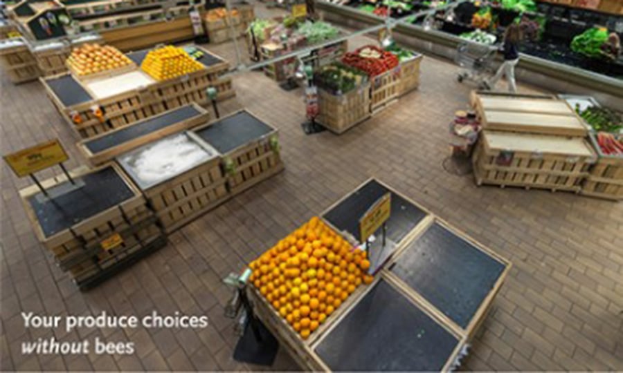 A picture of a mostly empty grocery store with text that says, "Your produce without bees."