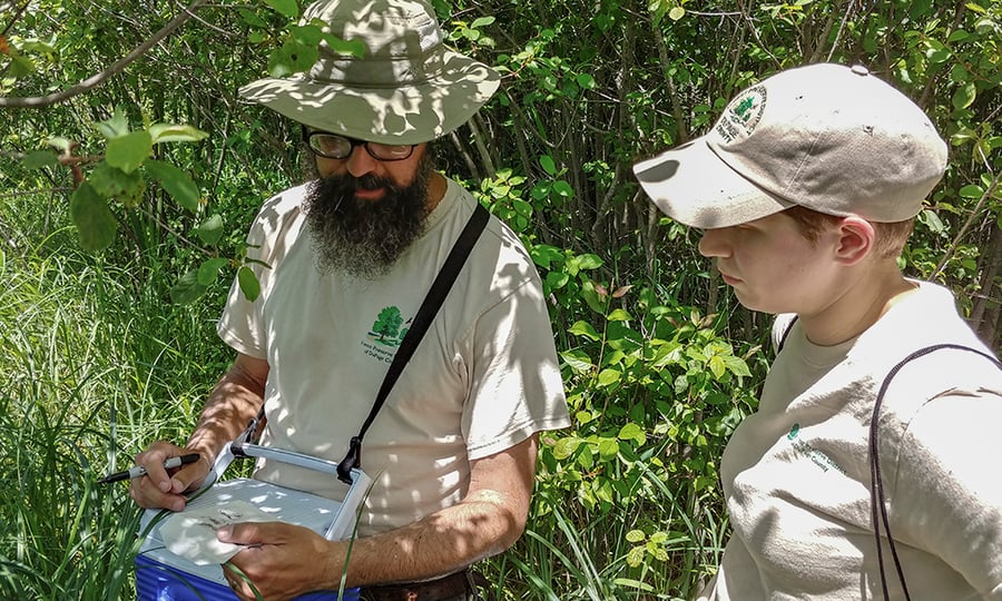 A man and a woman in conversation while standing in a thick brush.