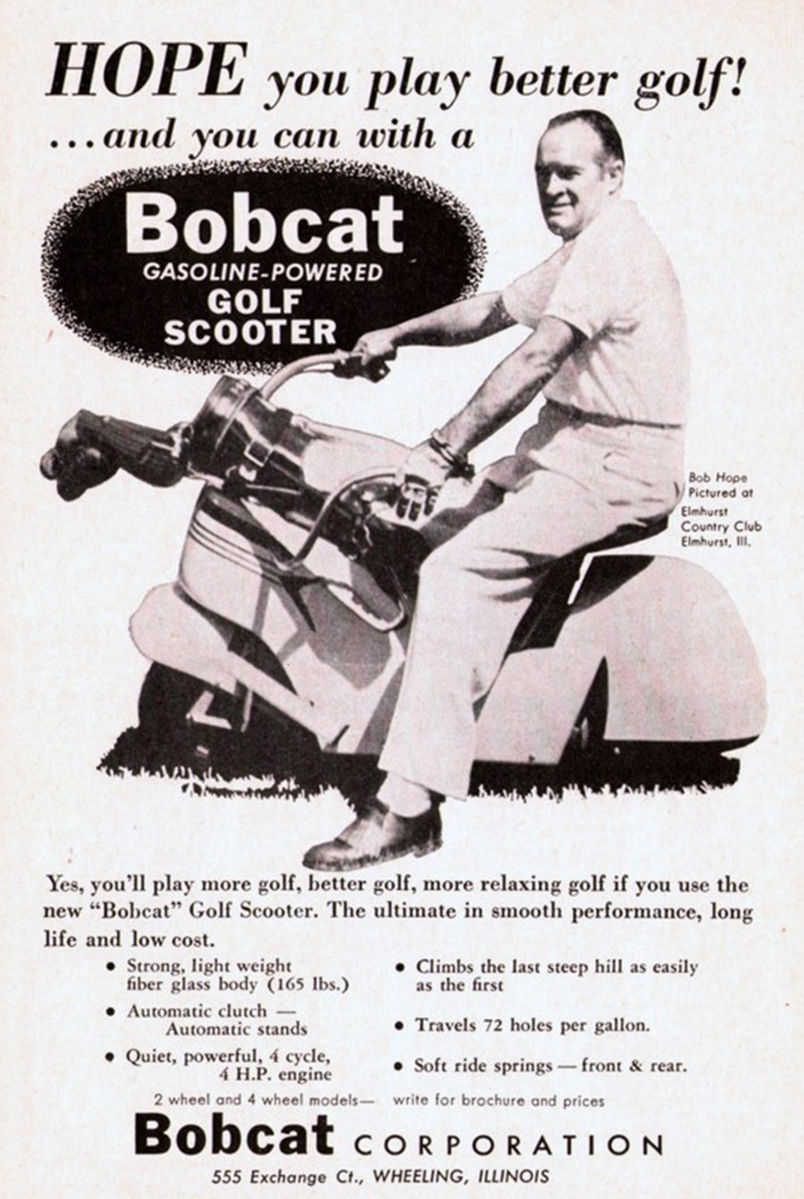An old advertisement for a golf scooter featuring Bob Hope.