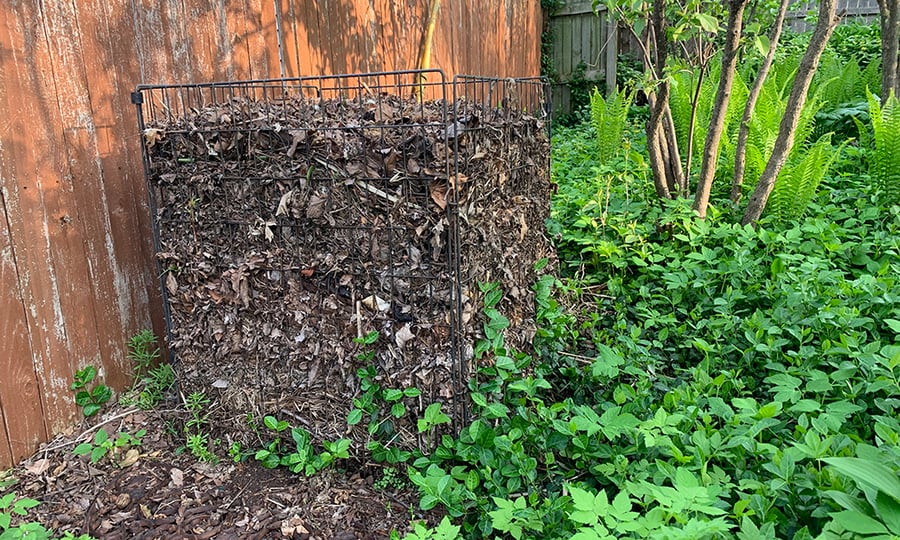 A caged compost pile near a fence in a landscaped yard.