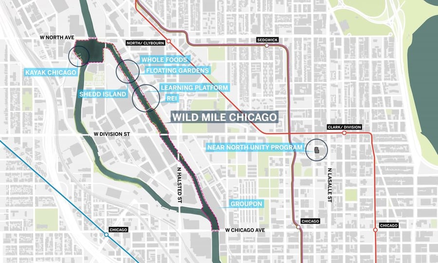 A map of the Chicago River and surrounding area.