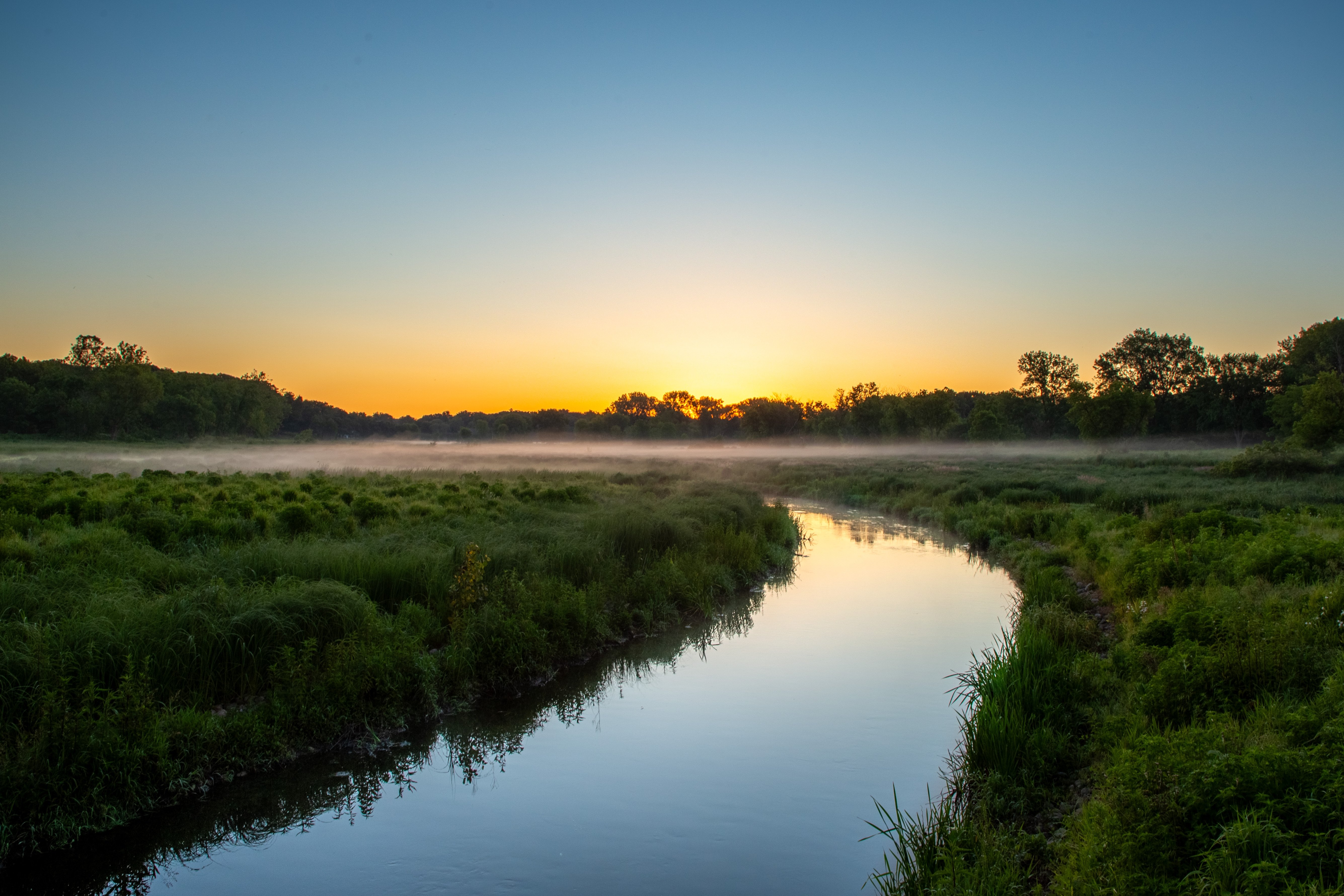 The sun rises over a creek socked in fog.