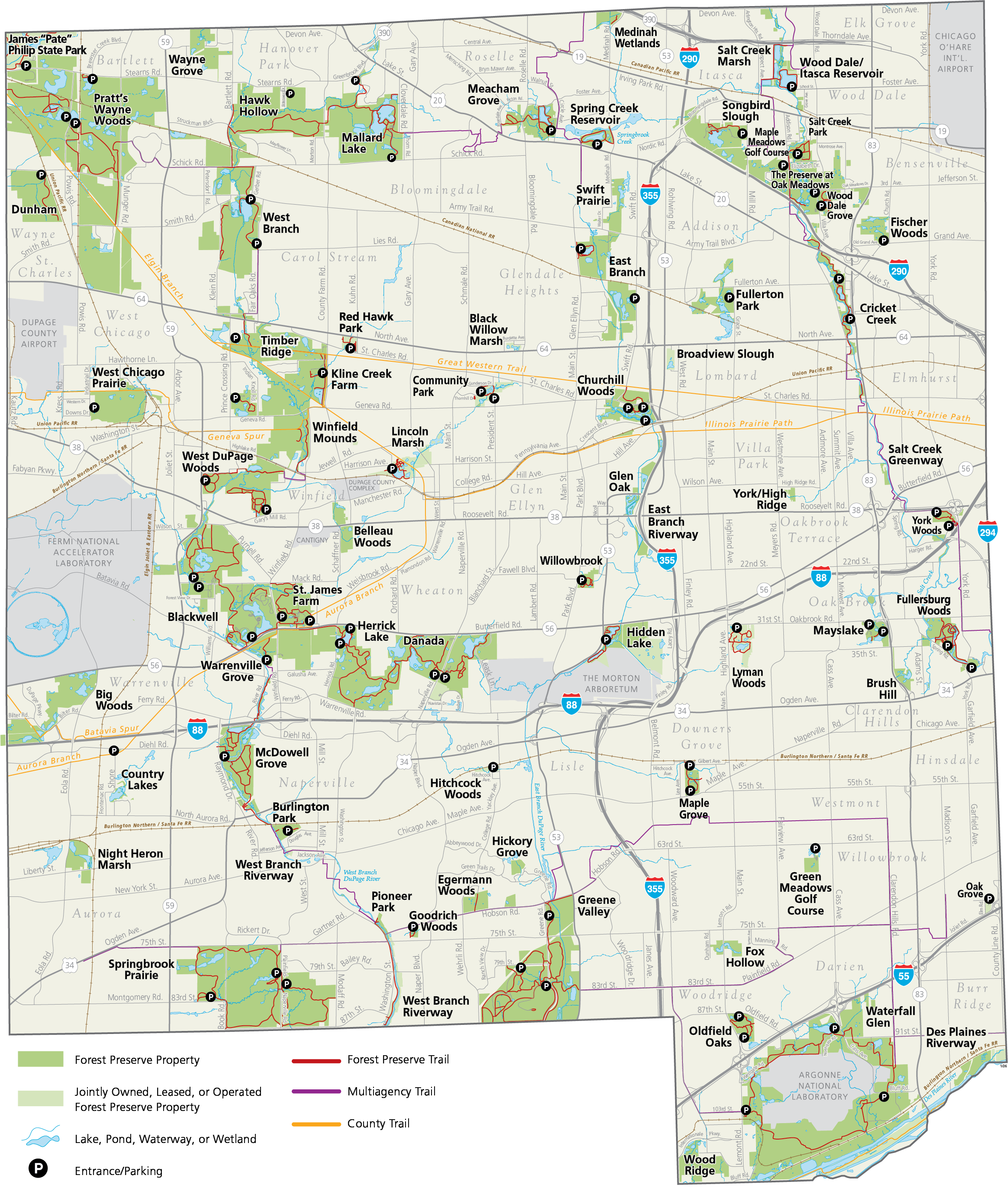 a map of DuPage County showing the locations of the forest preserves