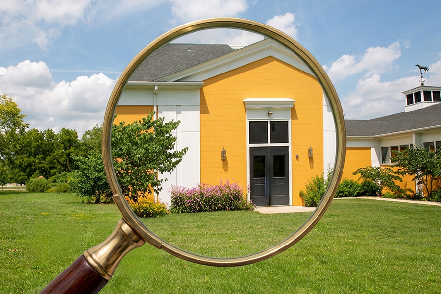 a magnifying glass examining a yellow building at St. James Farm