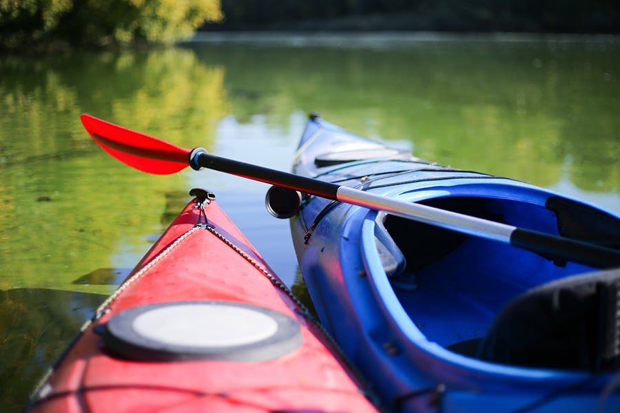 a red and a blue kayak on the edge of a lake