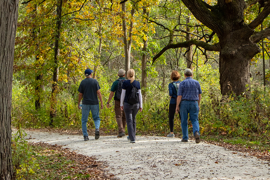 a group of people hiking on a trail in the fall