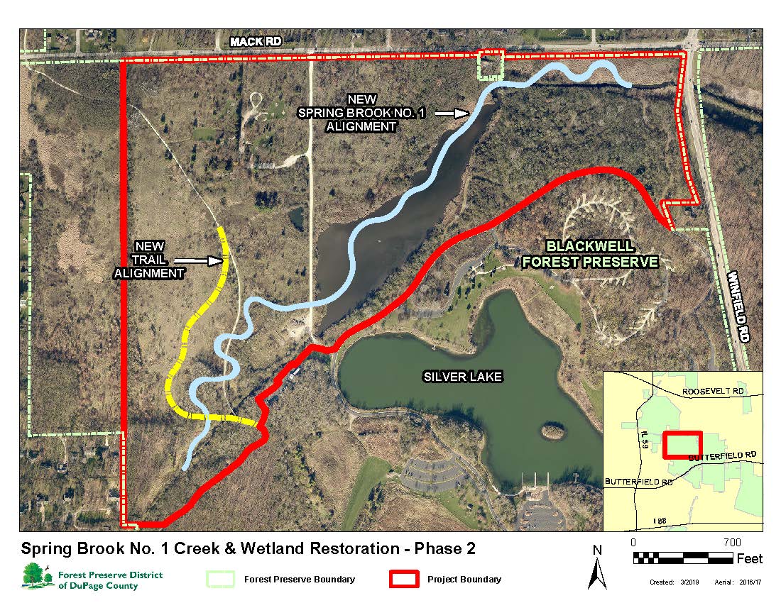 Spring Brook Creek restoration Blackwell Forest Preserve aerial map