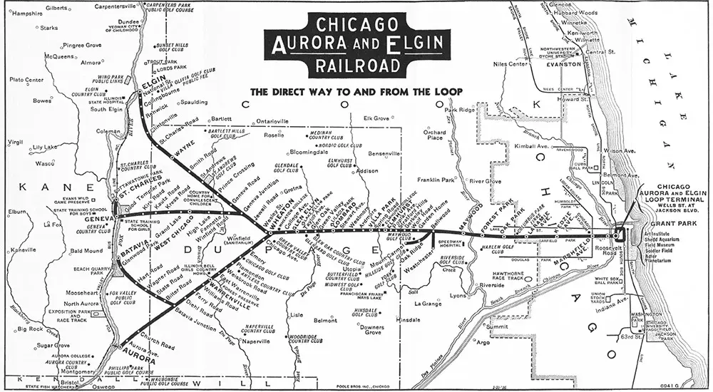 A map showing the stops on the Chicago, Aurora & Elgin Railroad that ran from Chicago west thru DuPage County.