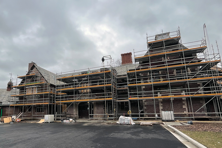 scaffolding in front of Mayslake Hall