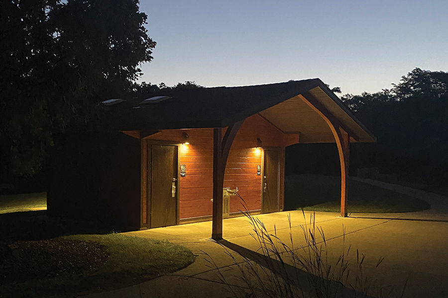 restroom building at dusk