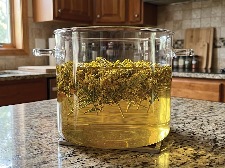 Goldenrod flowers steep in a glass container.