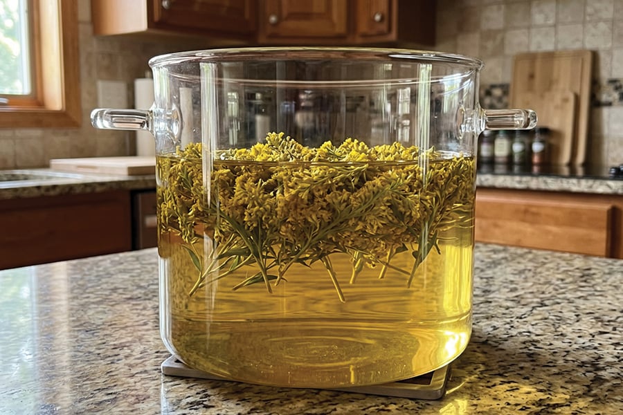 a clear glass pot filled with water dyed yellow from steeping goldenrod flowers