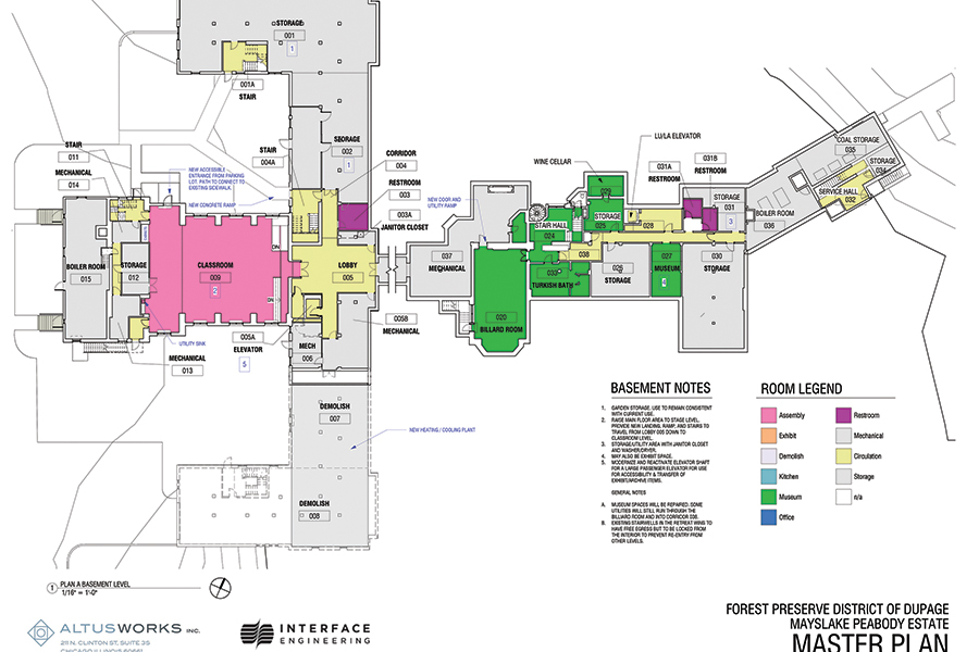 Blueprints of Mayslake Hall show which parts of the buildings are undergoing construction.