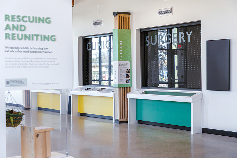 Windows inside the visitor center are labeled 