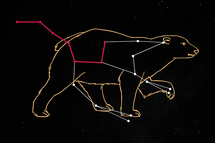 An illustration showing how a set of stars make up the Ursa Major constellation, which resembles a bear.