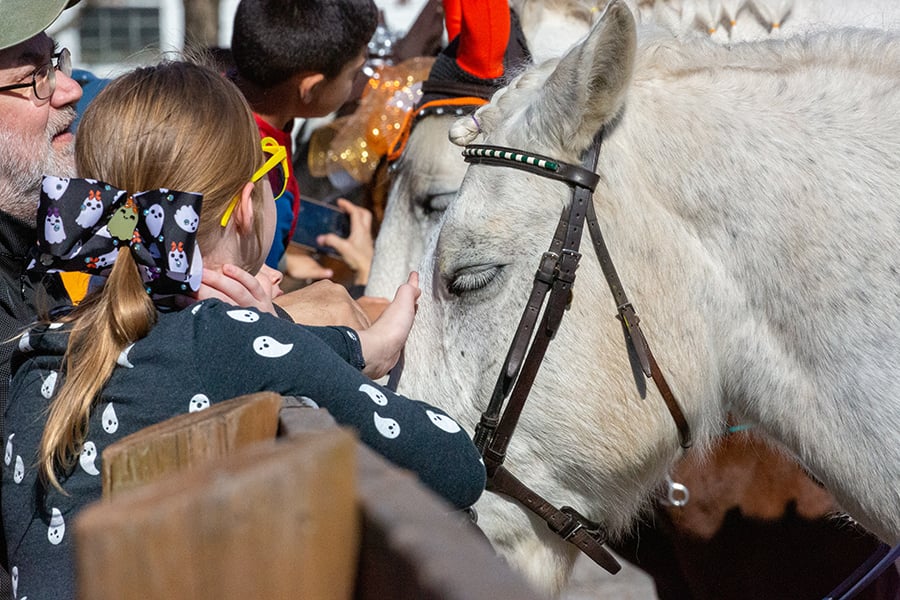 kids in Halloween costumes petting horses