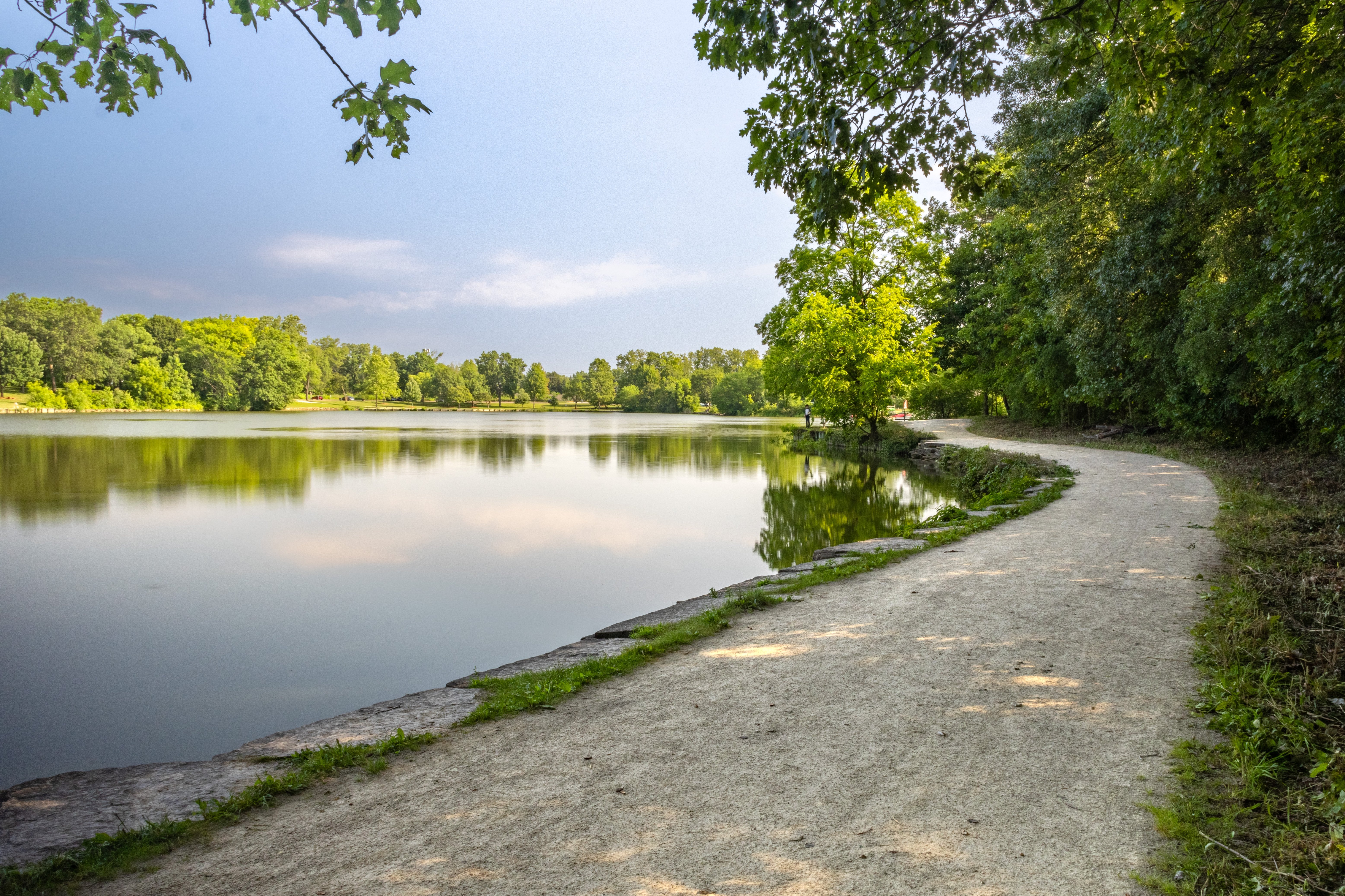 A hiking trail borders a calm lake surrounded by mature trees.