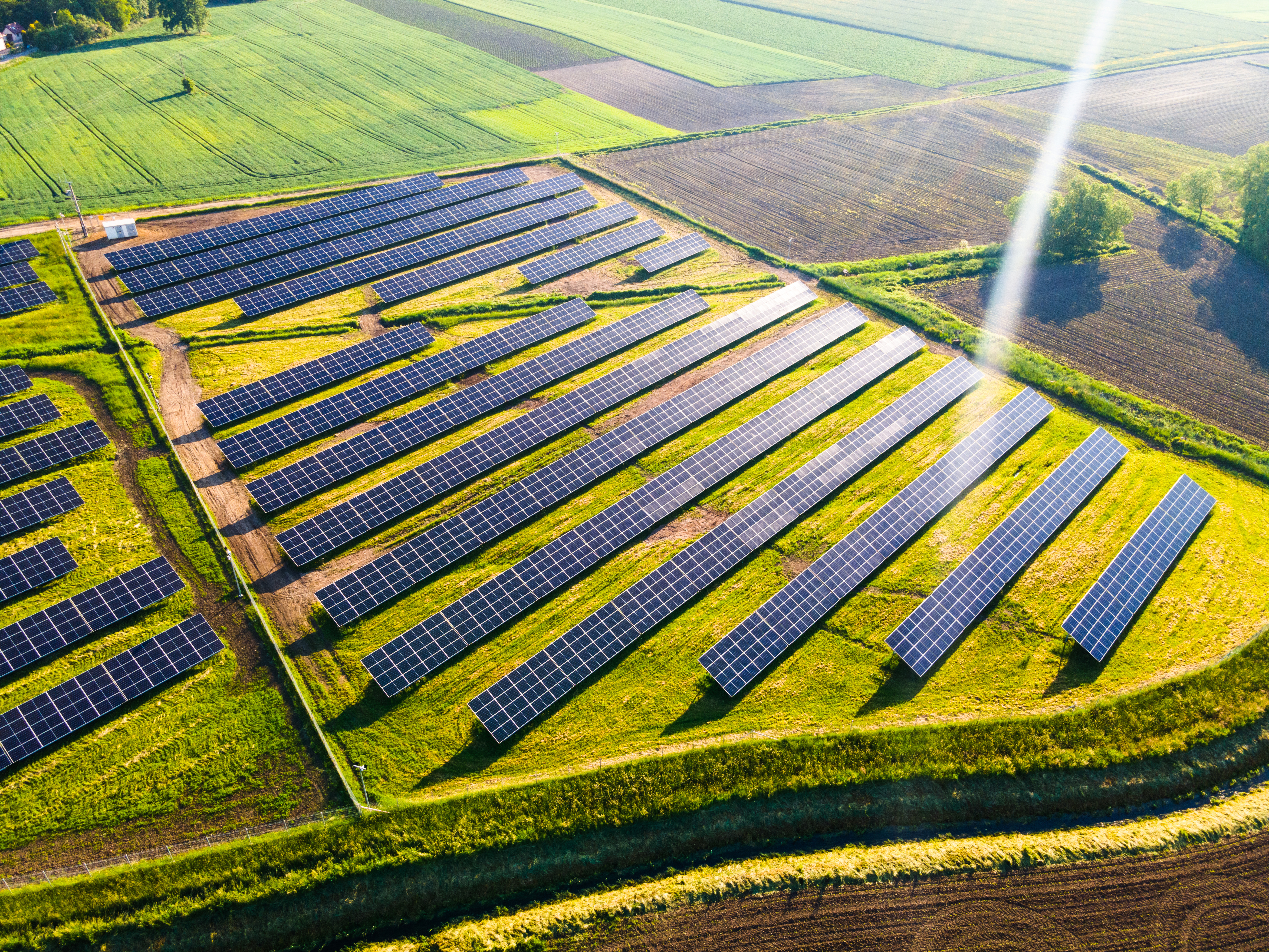 Solar panels are arranged in a in field to create a solar farm.